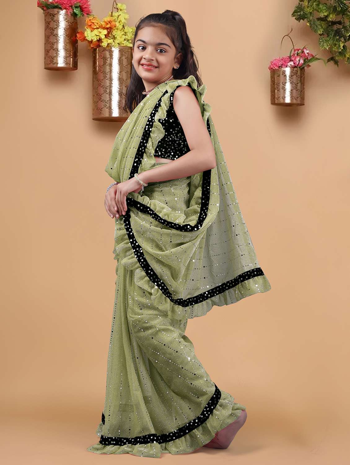 girls solid with work ready to wear saree - 22456449 -  Standard Image - 3