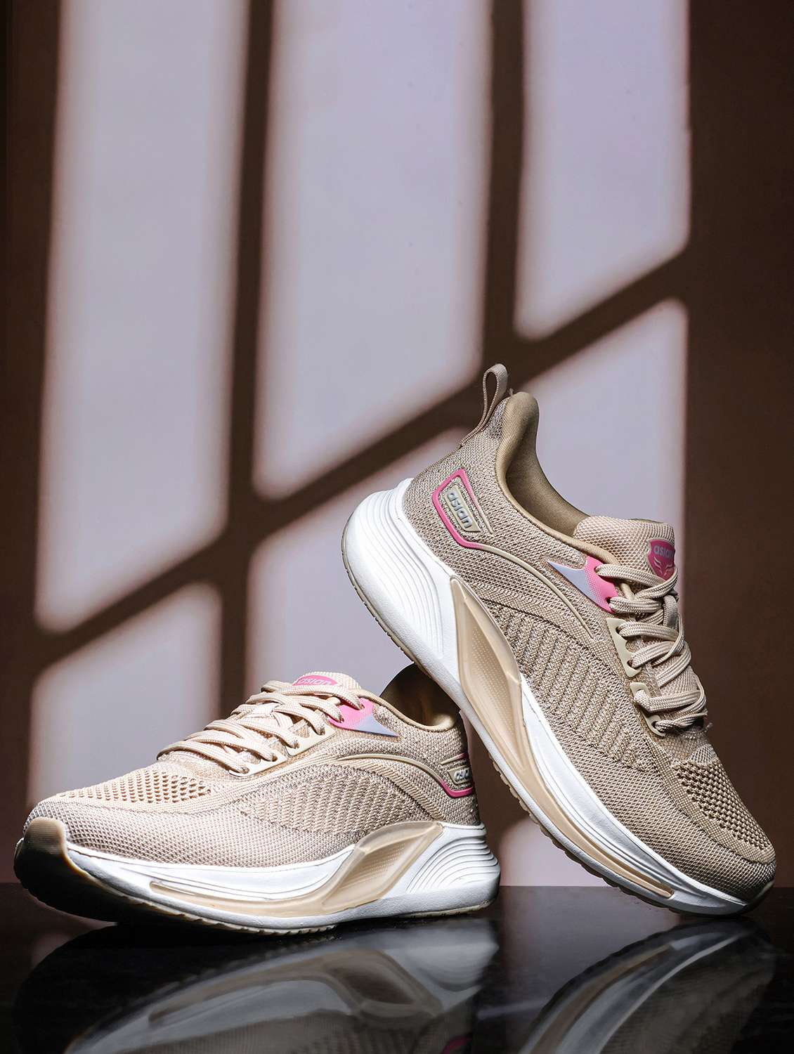 beige mesh laceup sports shoes