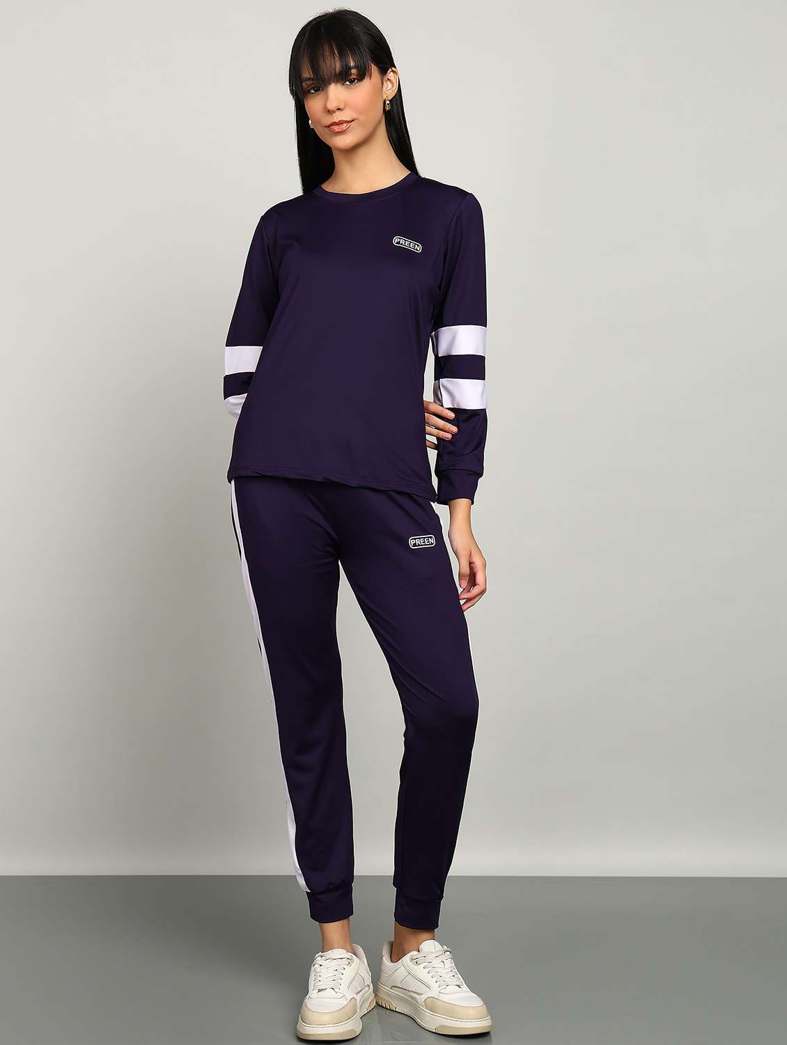 women blue polyester solid active wear set