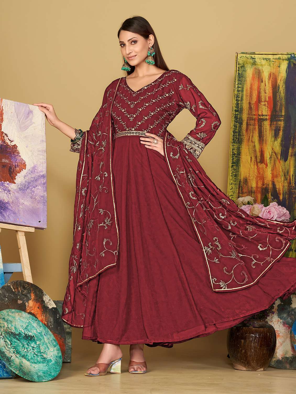 women maroon kurta pant set
