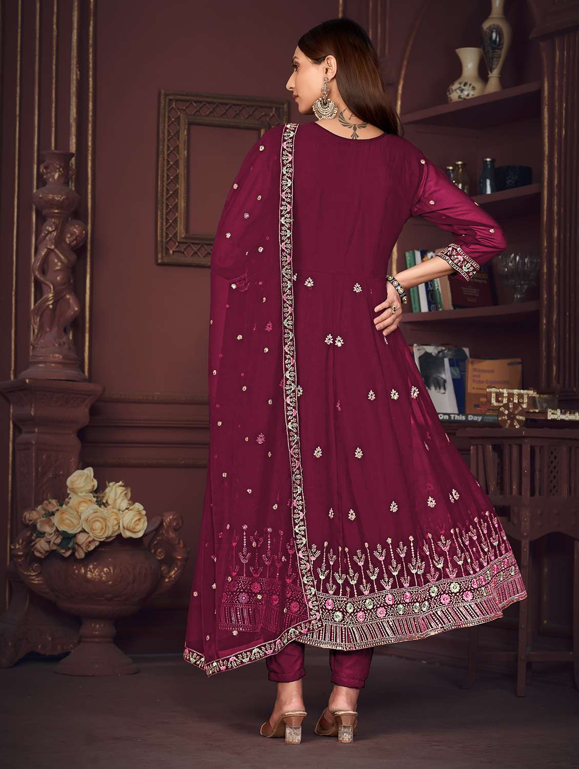 Women Solid With Work Unstitched Suit Set - 22456822 -  Standard Image - 3