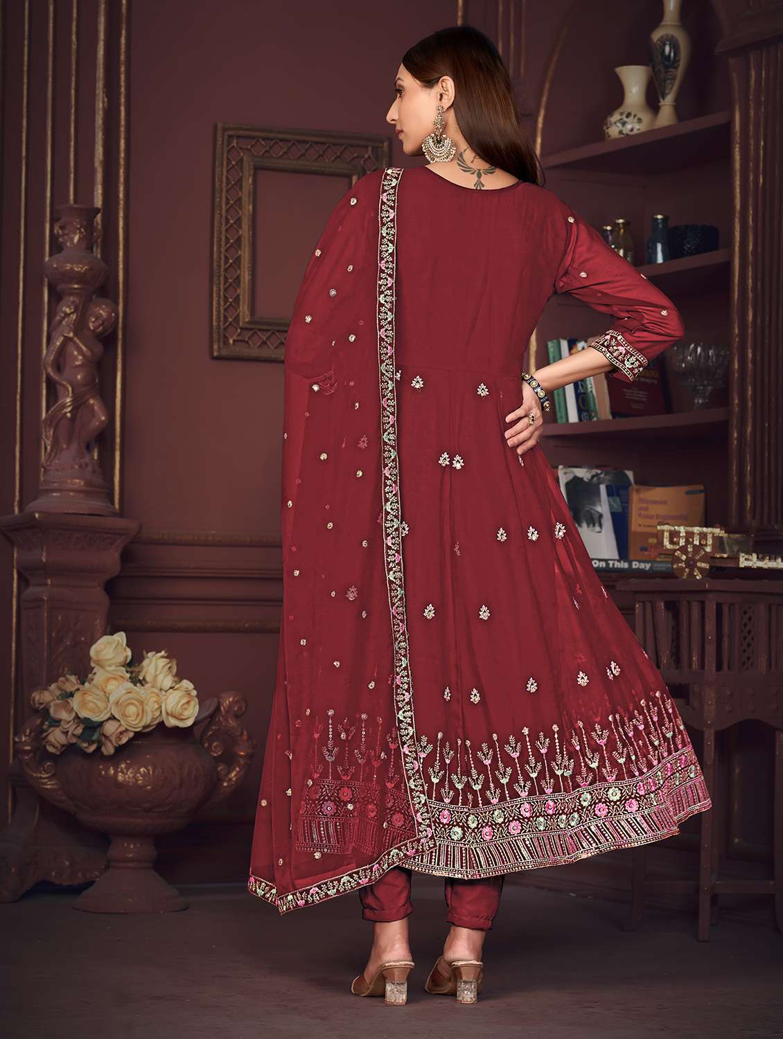 Women Solid With Work Unstitched Suit Set - 22456823 -  Standard Image - 3