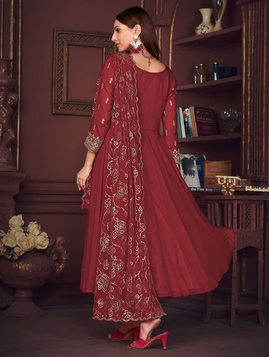 Women Solid With Work Unstitched Suit Set - 22456834 -  Standard Image - 3
