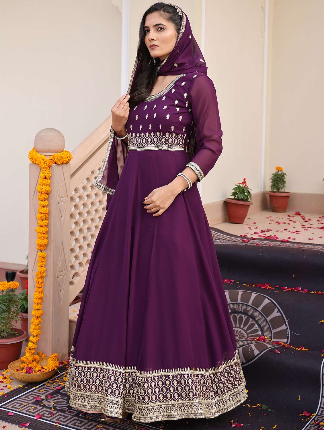 Women Solid With Work Unstitched Suit Set - 22456840 -  Standard Image - 3
