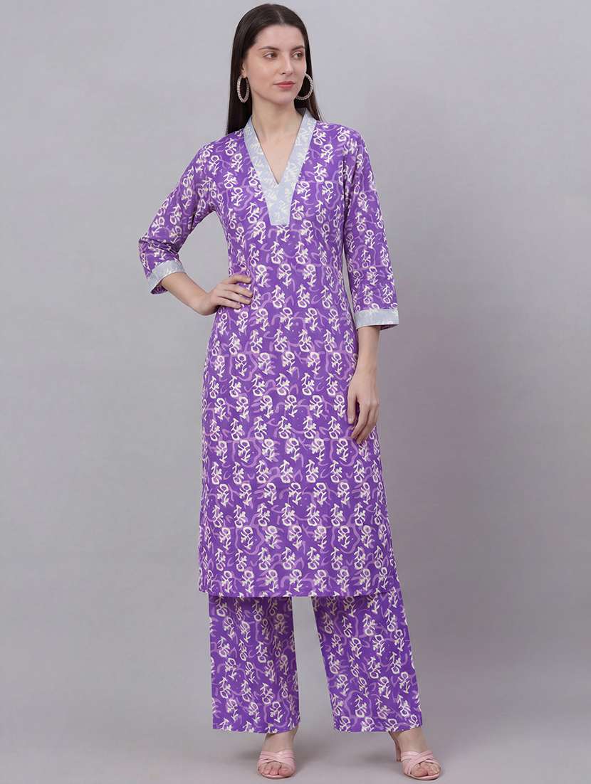 women purple self design  colored kurta pant set