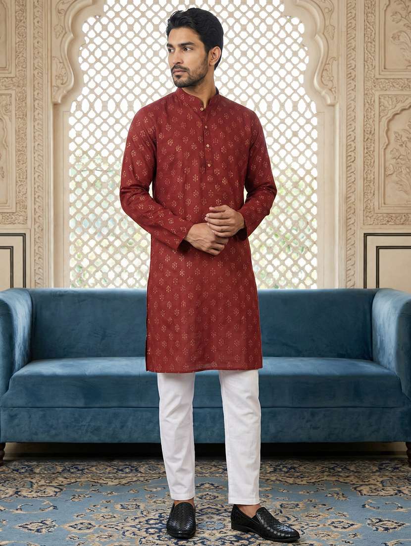 mens maroon cotton blend kurta pyjama ethnic wear set