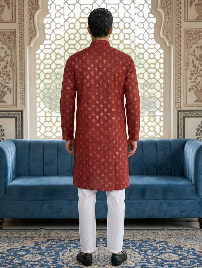 mens maroon cotton blend kurta pyjama ethnic wear set - 22457146 -  Standard Image - 3