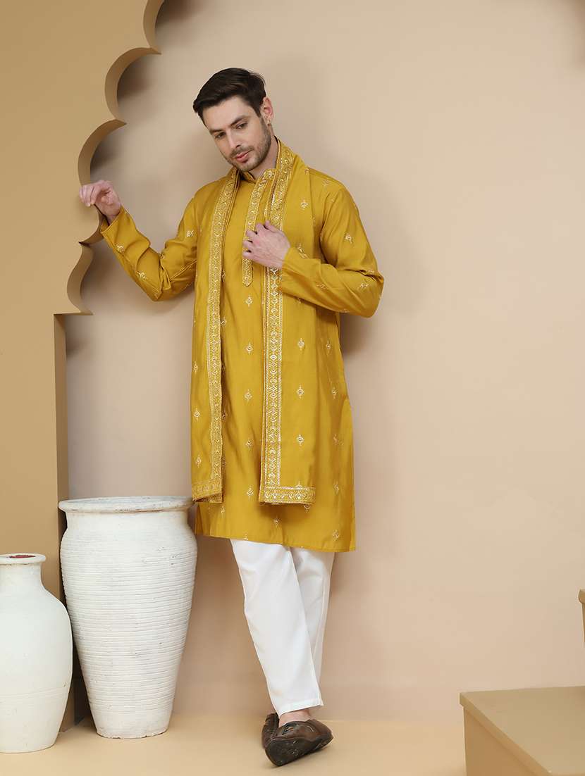 men mustard silk blend kurta pyjama ethnic wear set
