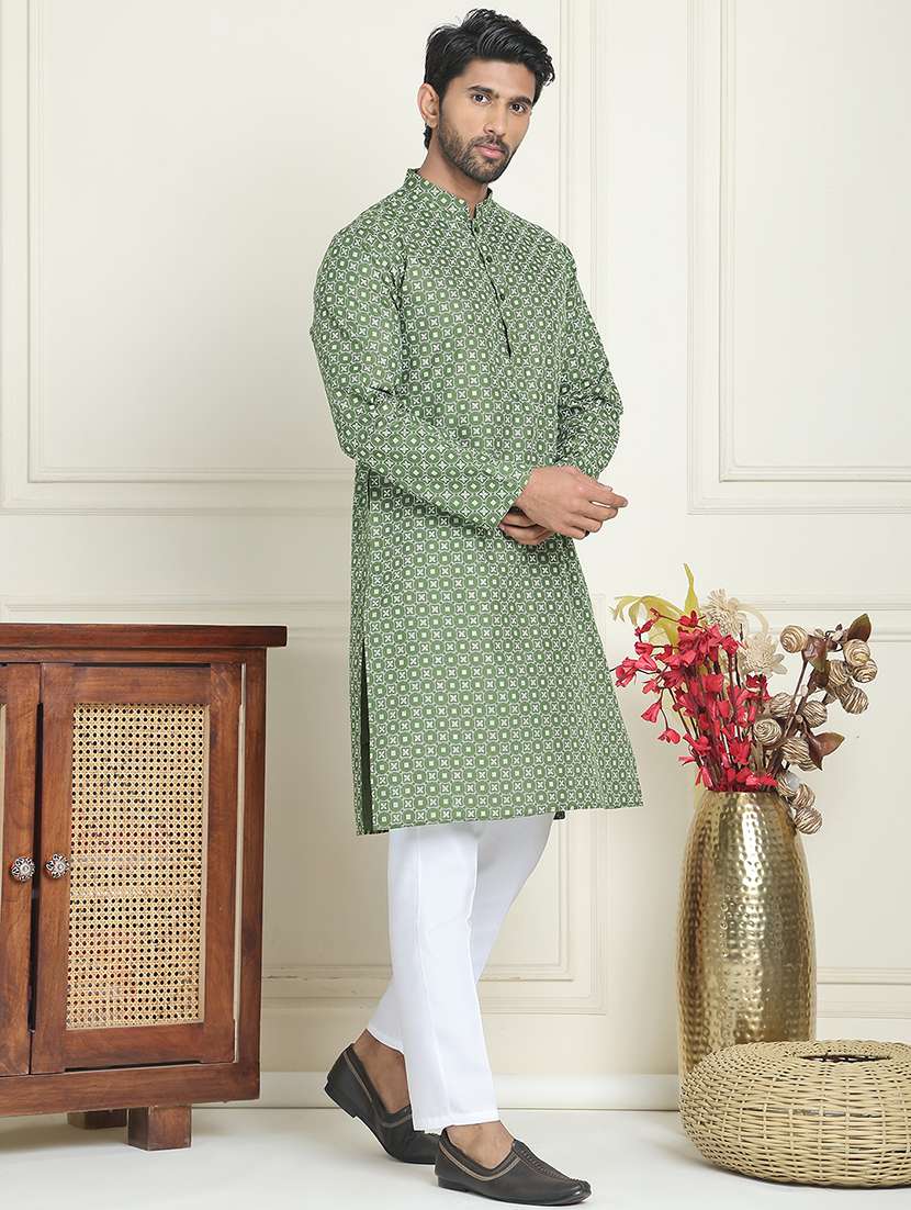men olive cotton blend kurta pyjama ethnic wear set