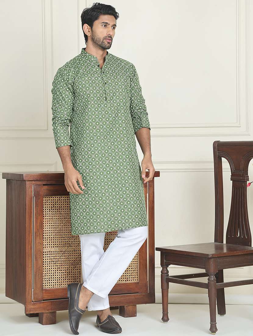 men olive cotton blend kurta pyjama ethnic wear set - 22457161 -  Standard Image - 3