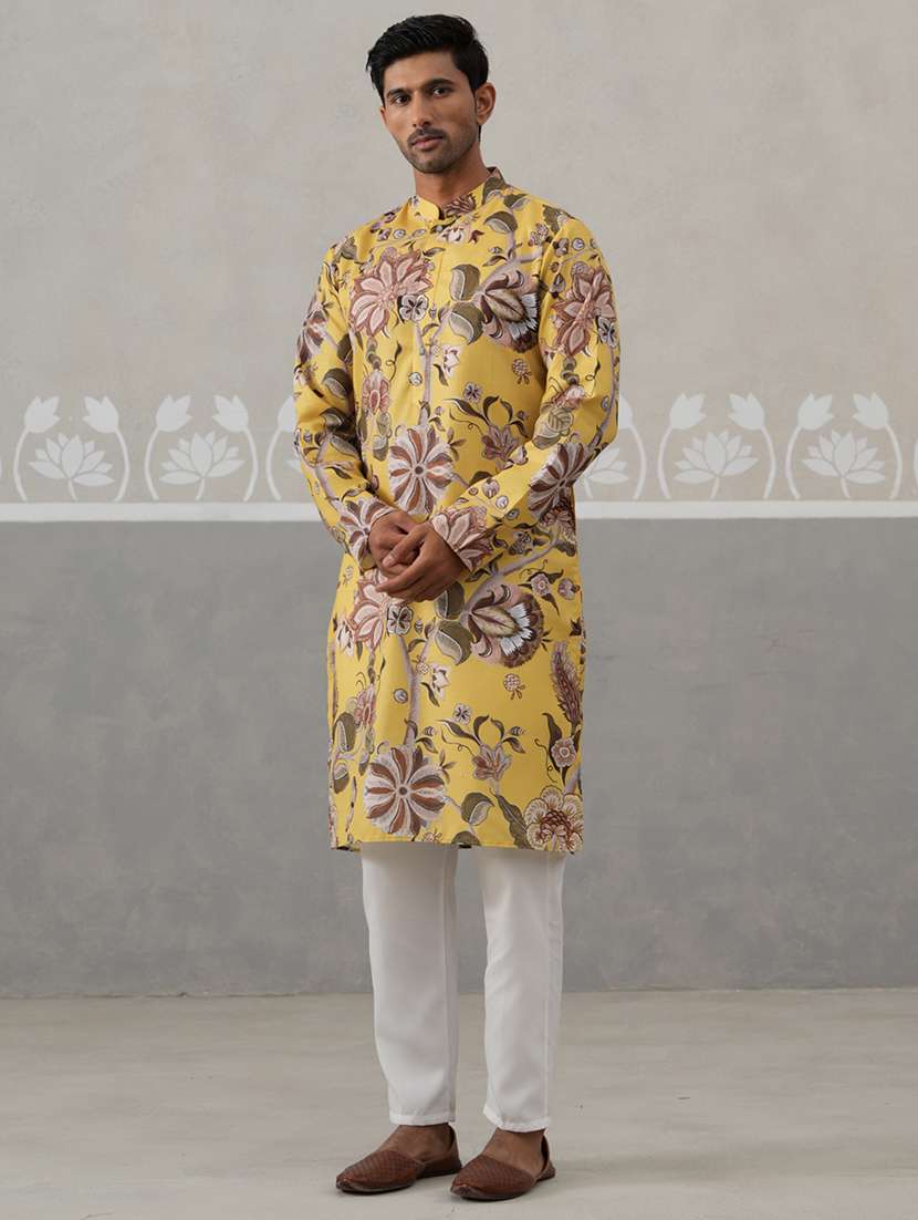 men yellow cotton blend kurta pyjama ethnic wear set