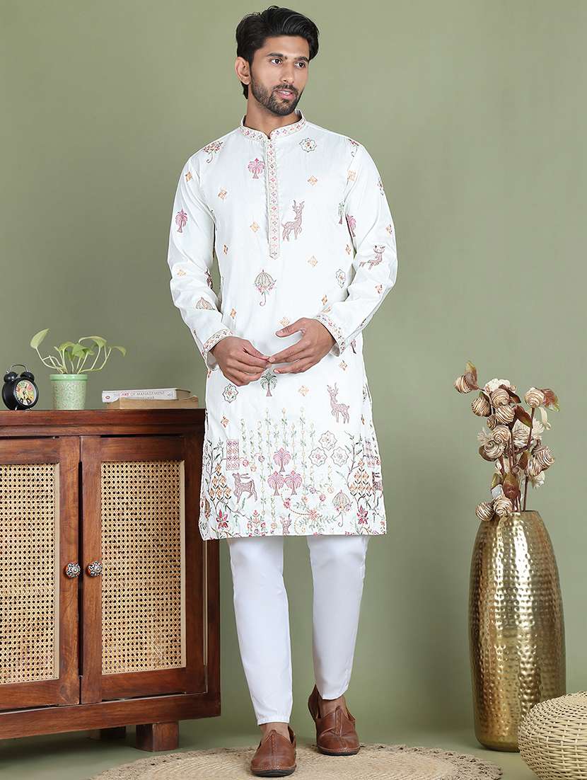 men white cotton blend kurta pyjama ethnic wear set