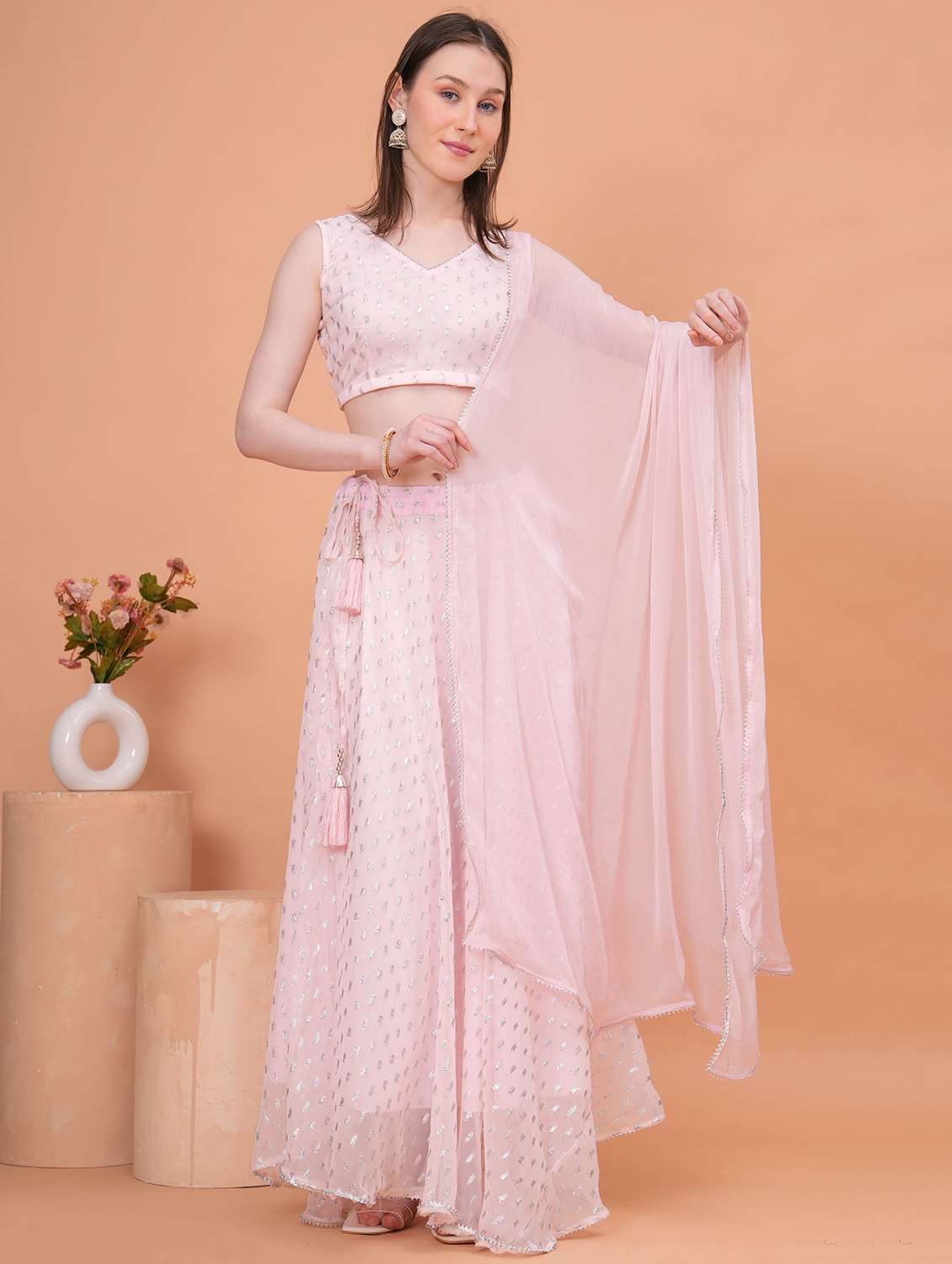 women pink flared lehenga