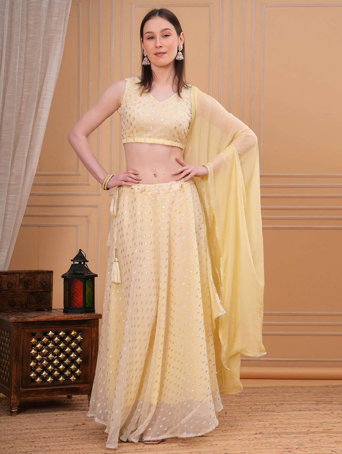 women yellow flared lehenga
