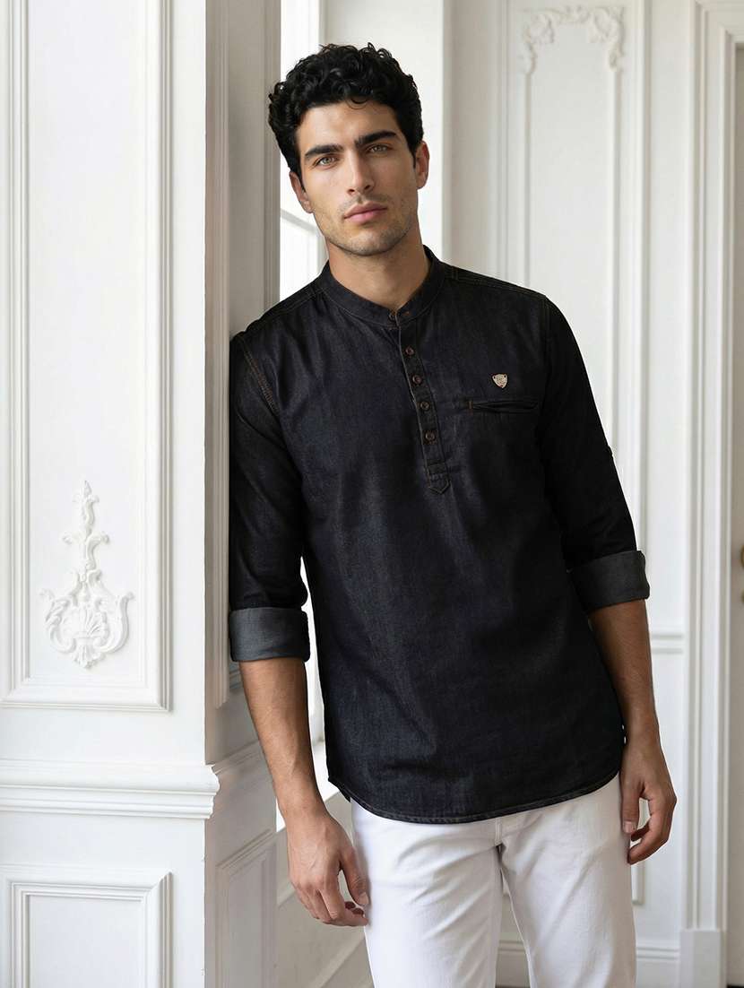 men solid mandarin neck short kurta
