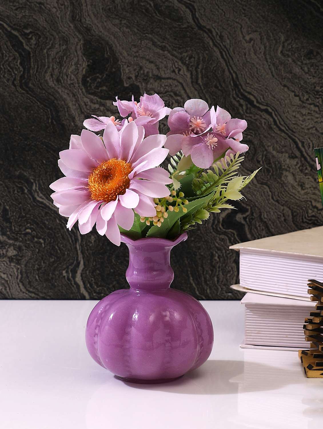 purple textured glass flower vase