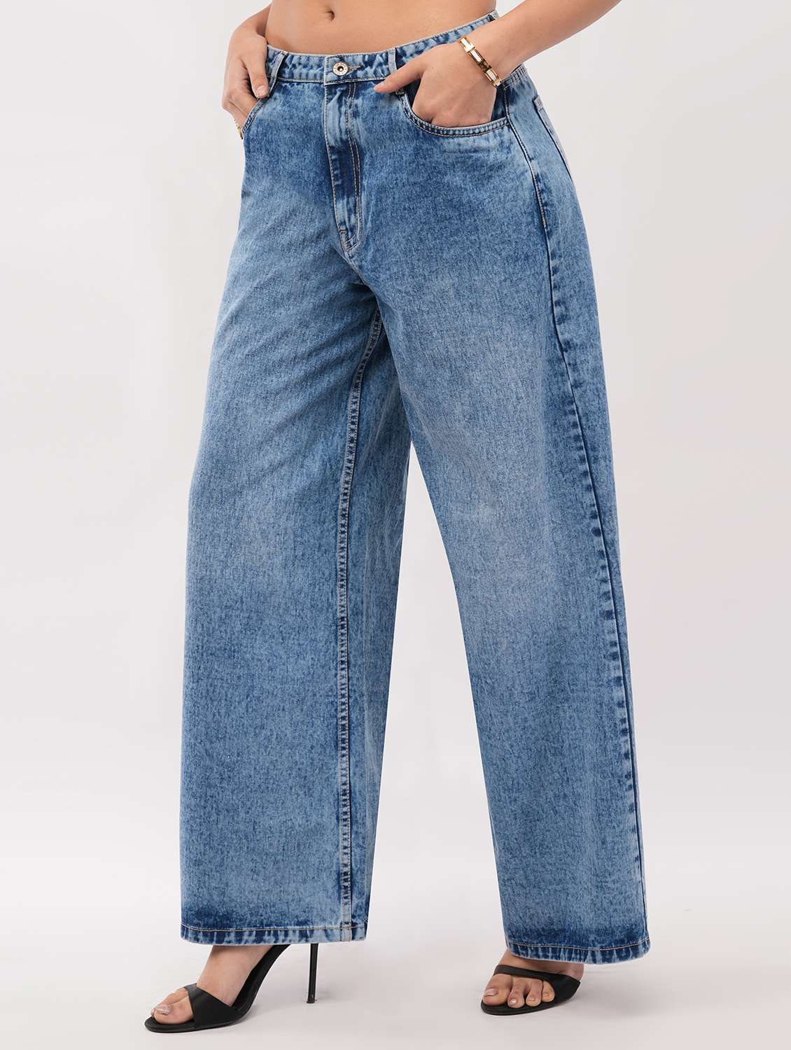 women solid high rise wide leg jean