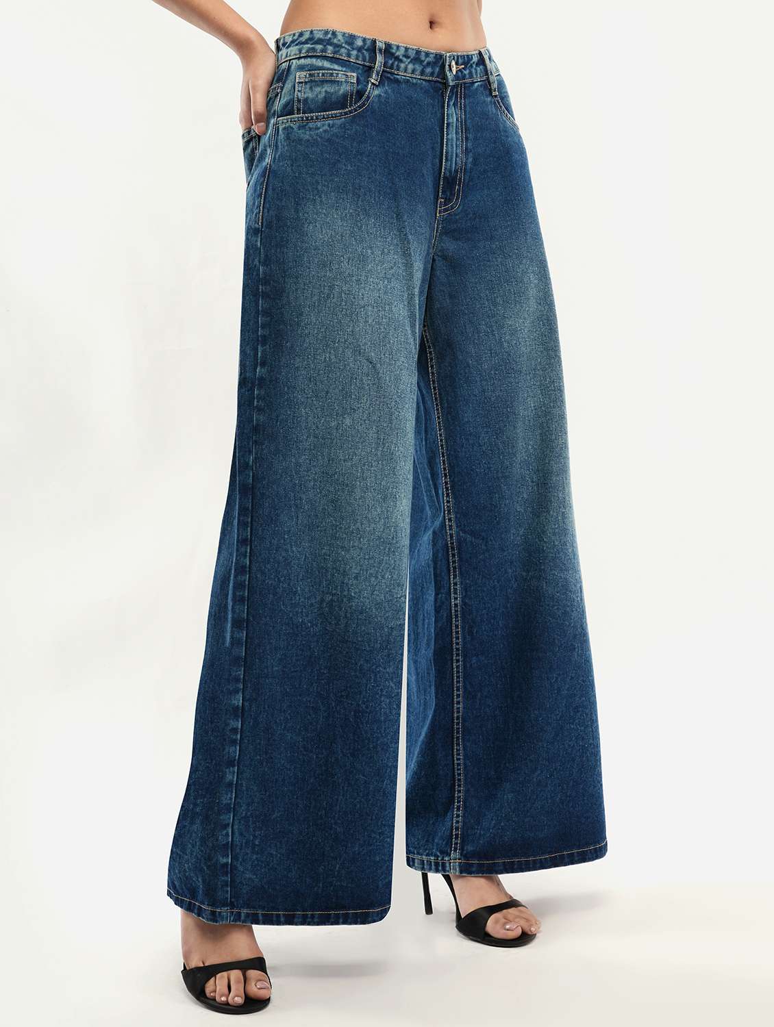 women solid high rise wide leg jean