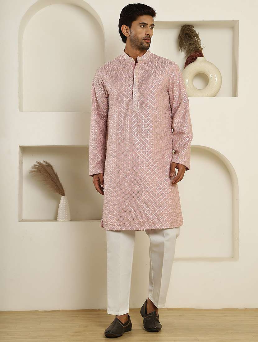 men solid with work mandarin neck long kurta