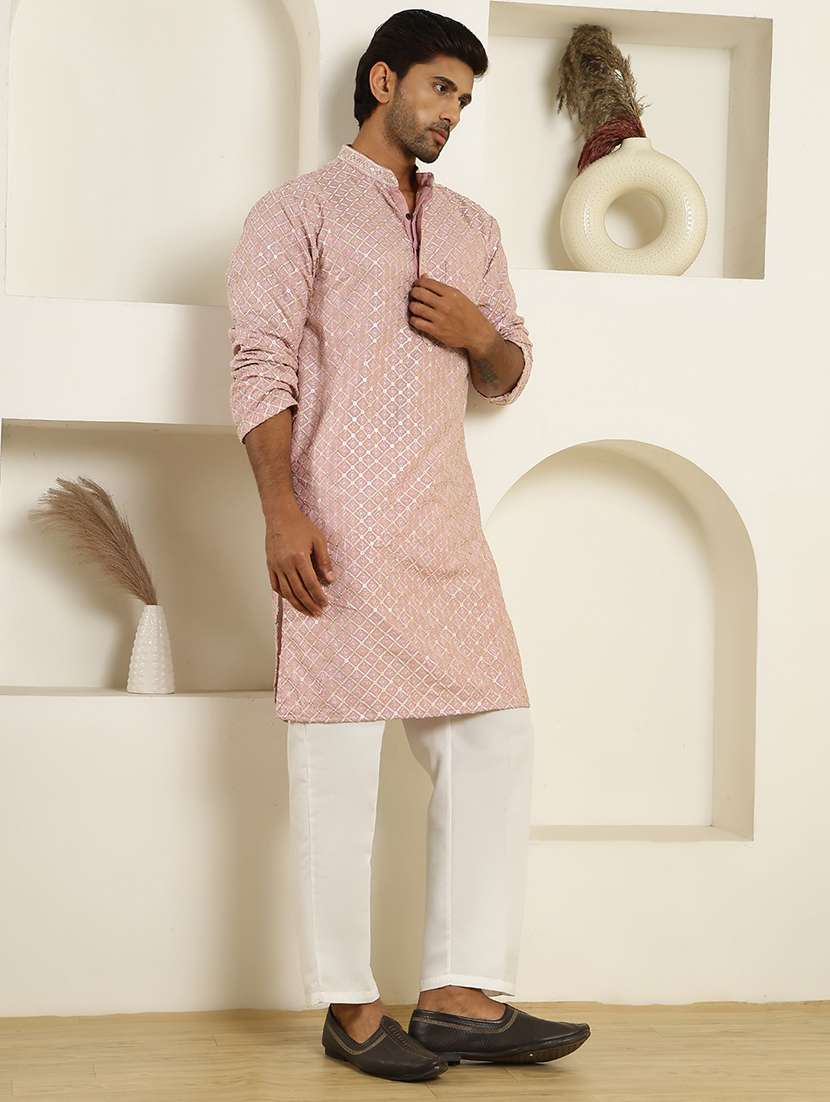 men solid with work mandarin neck long kurta - 22457340 -  Standard Image - 3