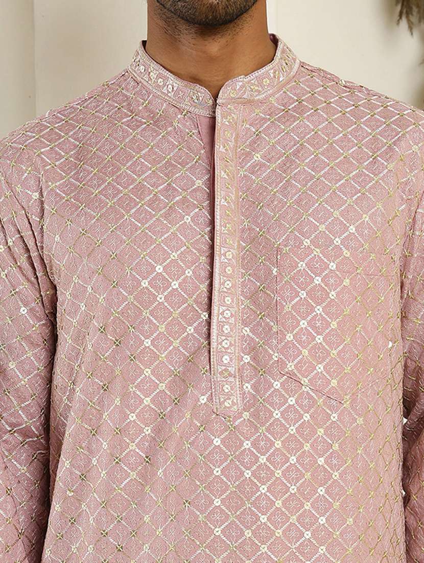 men solid with work mandarin neck long kurta - 22457340 -  Standard Image - 5