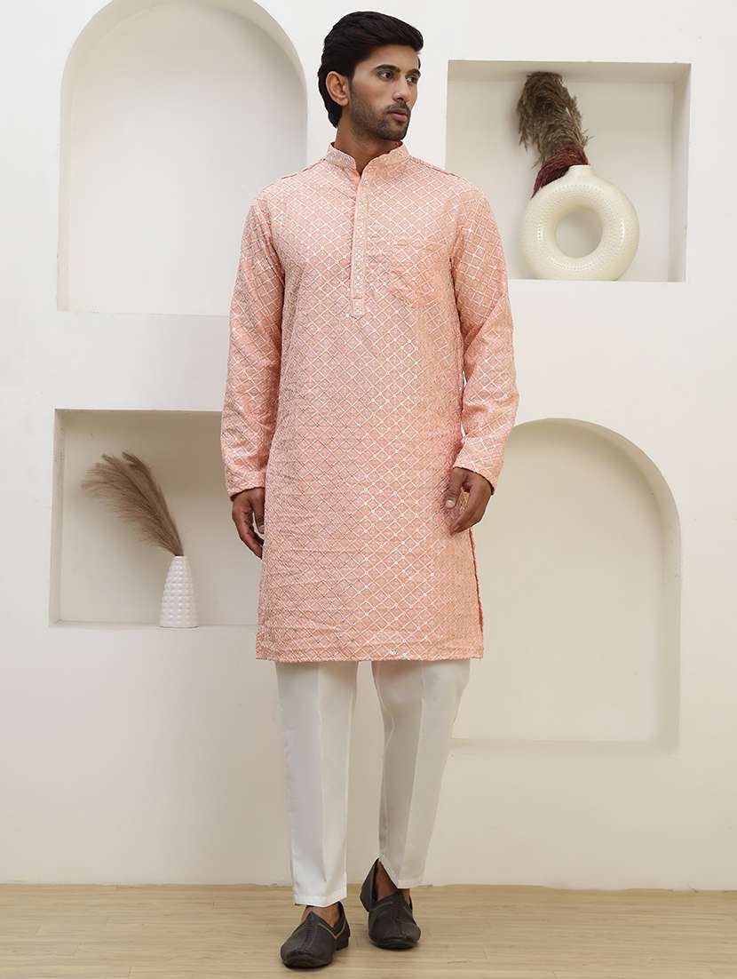 men solid with work mandarin neck long kurta