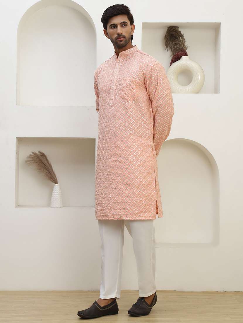 men solid with work mandarin neck long kurta - 22457343 -  Standard Image - 3