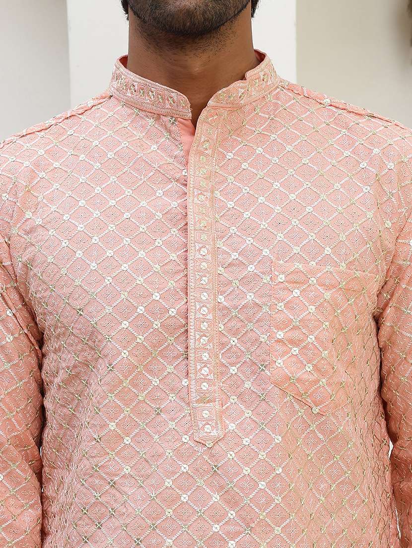 men solid with work mandarin neck long kurta - 22457343 -  Standard Image - 5