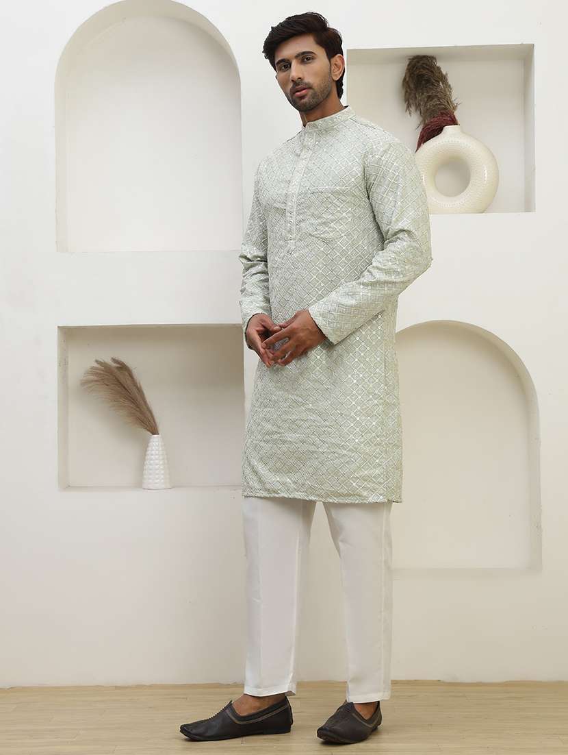 men solid with work mandarin neck long kurta - 22457345 -  Standard Image - 3
