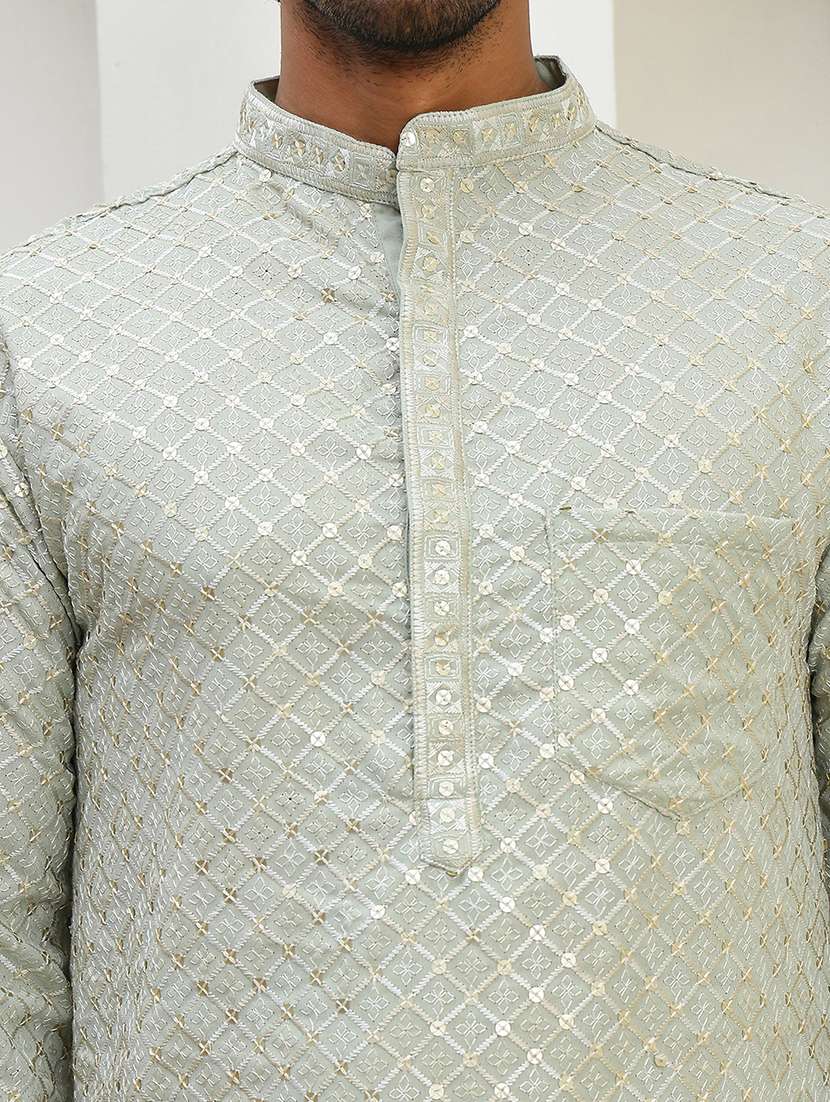 men solid with work mandarin neck long kurta - 22457345 -  Standard Image - 5