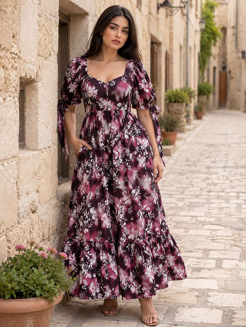 women floral sweatheart neck tiered dress