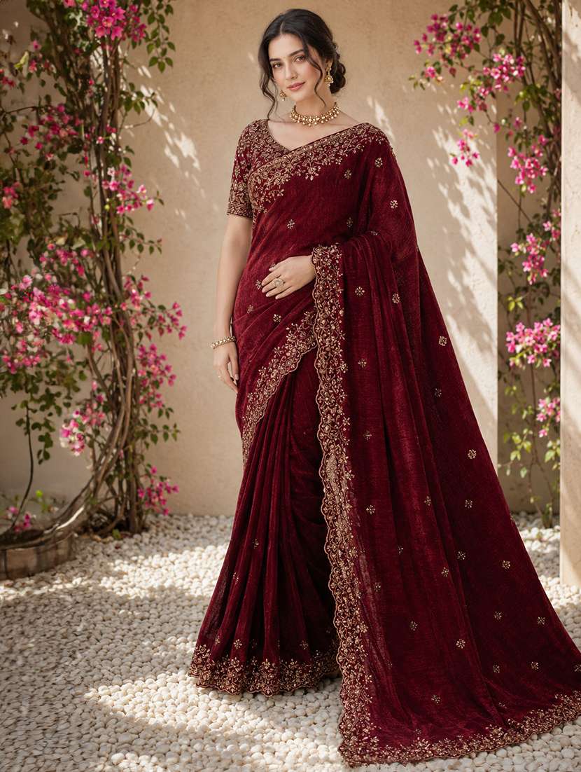 women solid with work embellished saree with blouse