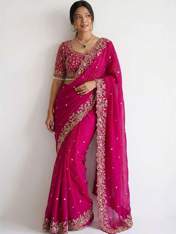 women solid with work embellished saree with blouse