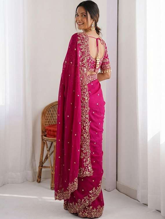 women solid with work embellished saree with blouse - 22457352 -  Standard Image - 3
