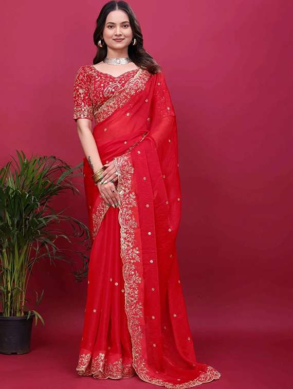 women solid with work embellished saree with blouse