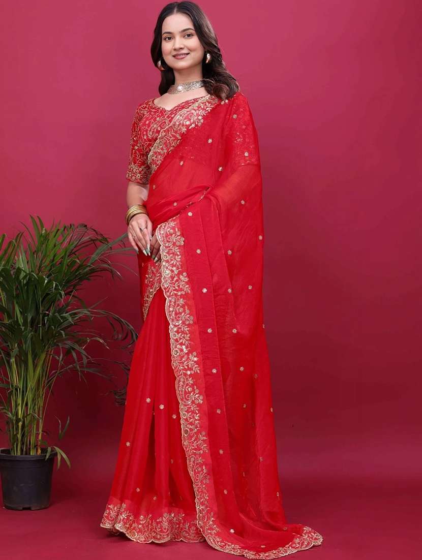 women solid with work embellished saree with blouse - 22457356 -  Standard Image - 3