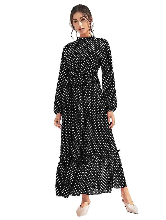 women polka dot long sleeve tiered dress