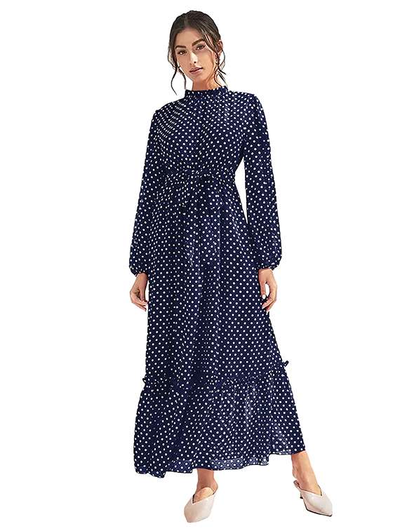 women polka dot long sleeve tiered dress