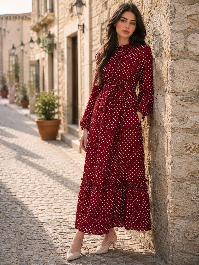 women polka dot long sleeve tiered dress