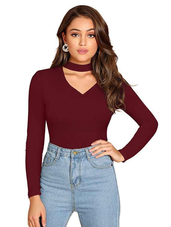 women solid long sleeve slim fit top