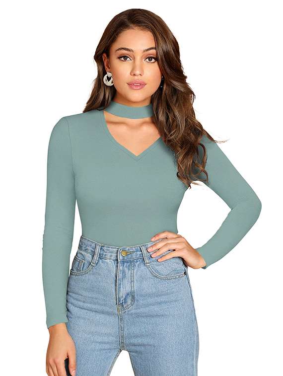 women solid long sleeve slim fit top