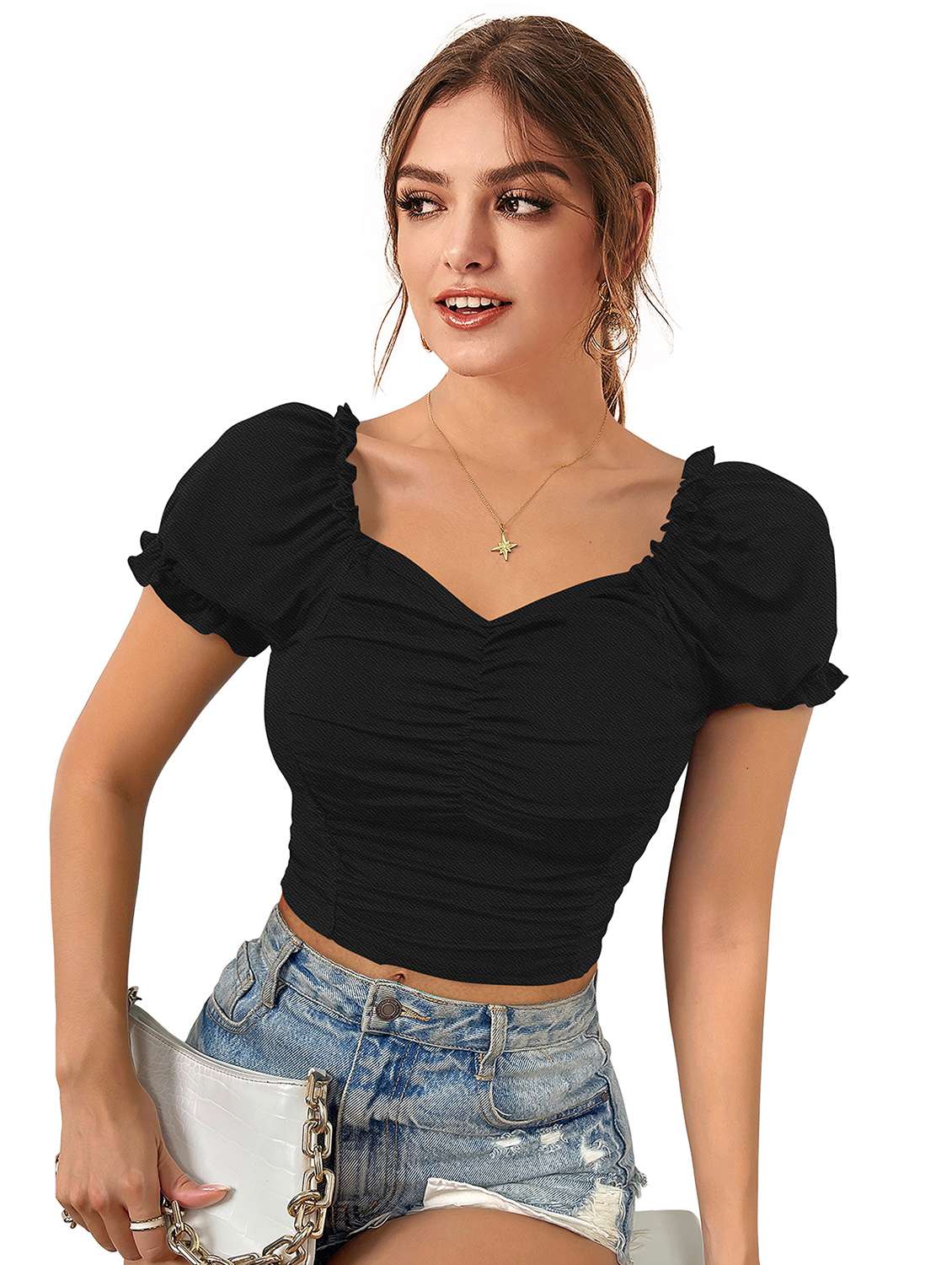 women solid puff sleeve crop top