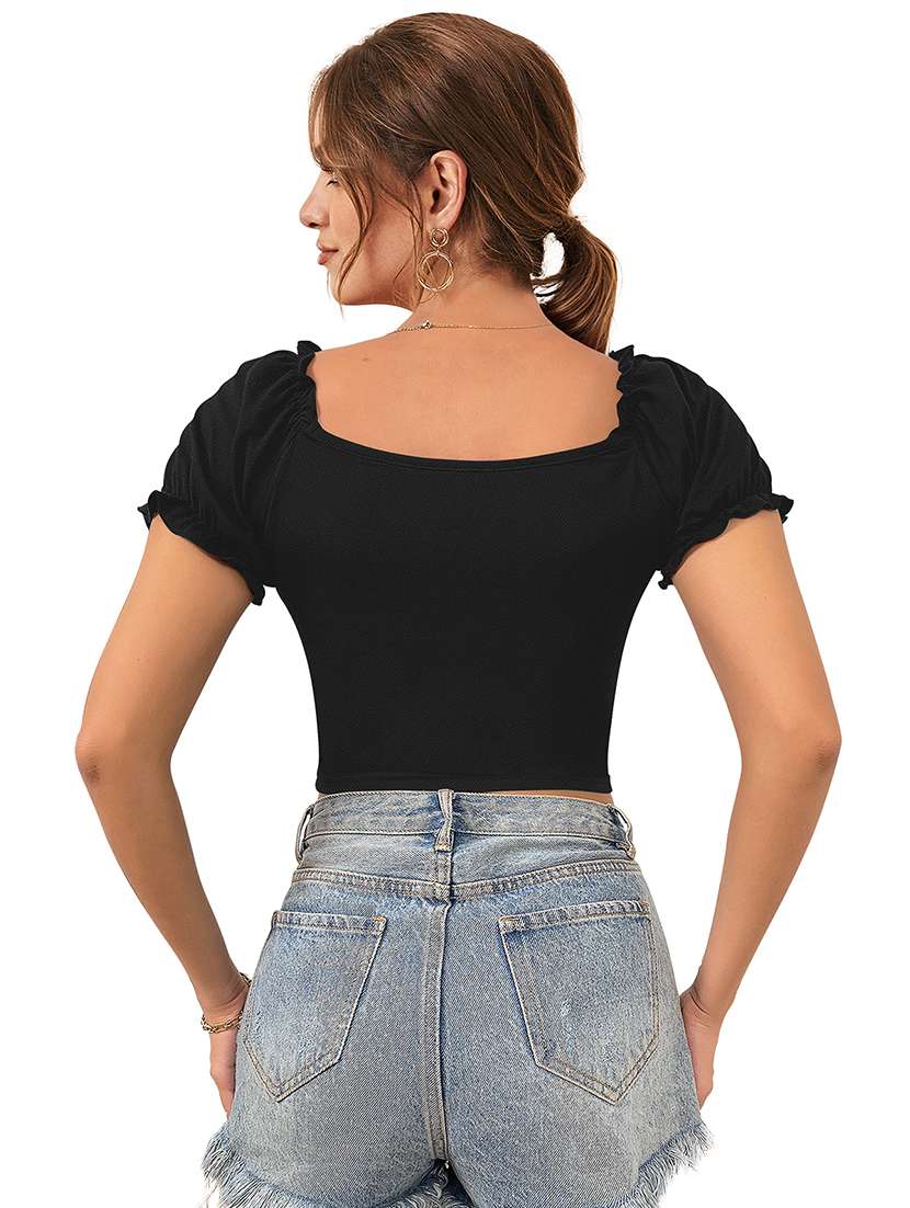 women solid puff sleeve crop top - 22457369 -  Standard Image - 3