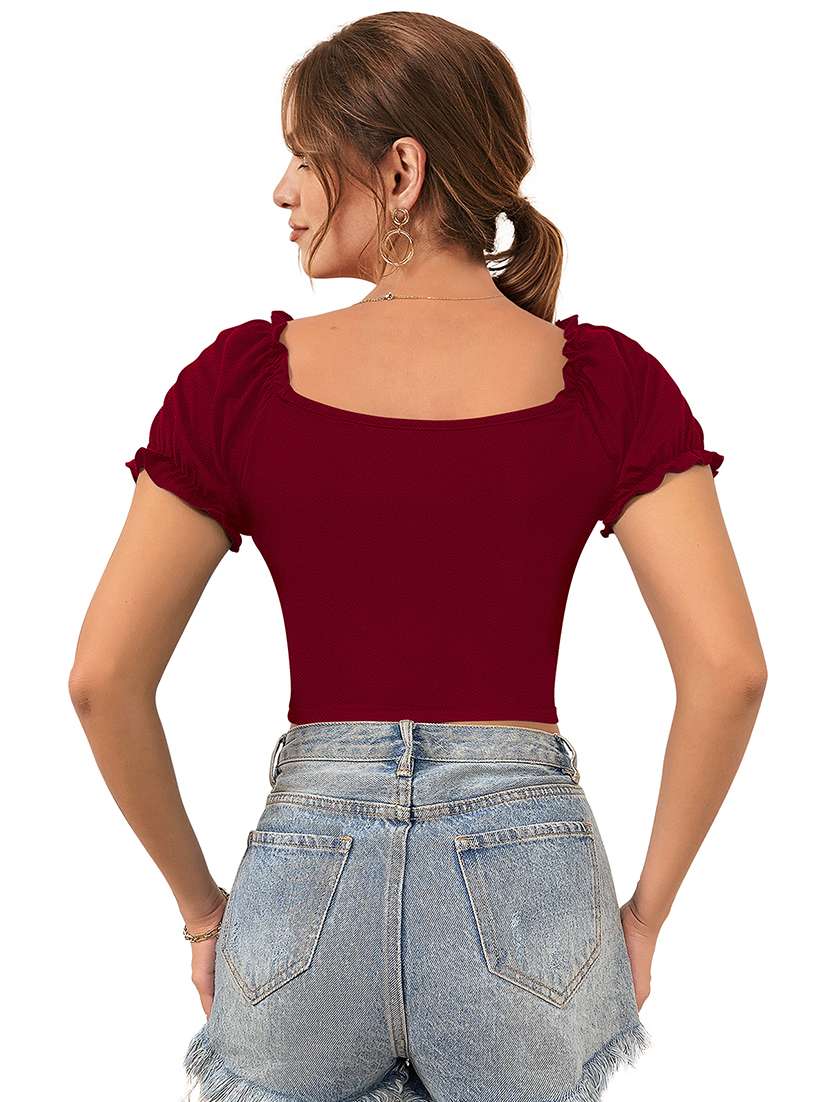women solid puff sleeve crop top - 22457370 -  Standard Image - 3