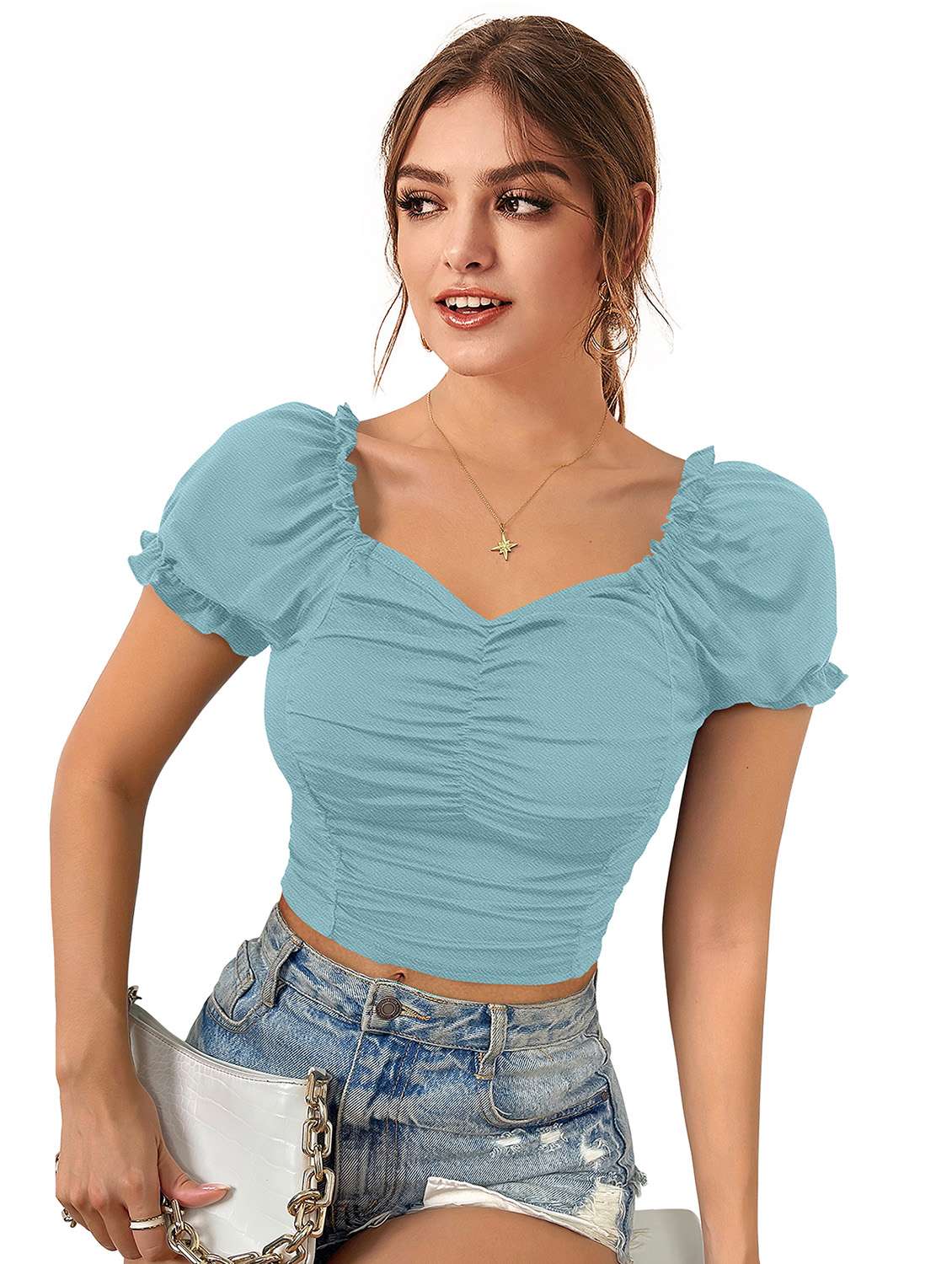 women solid puff sleeve crop top