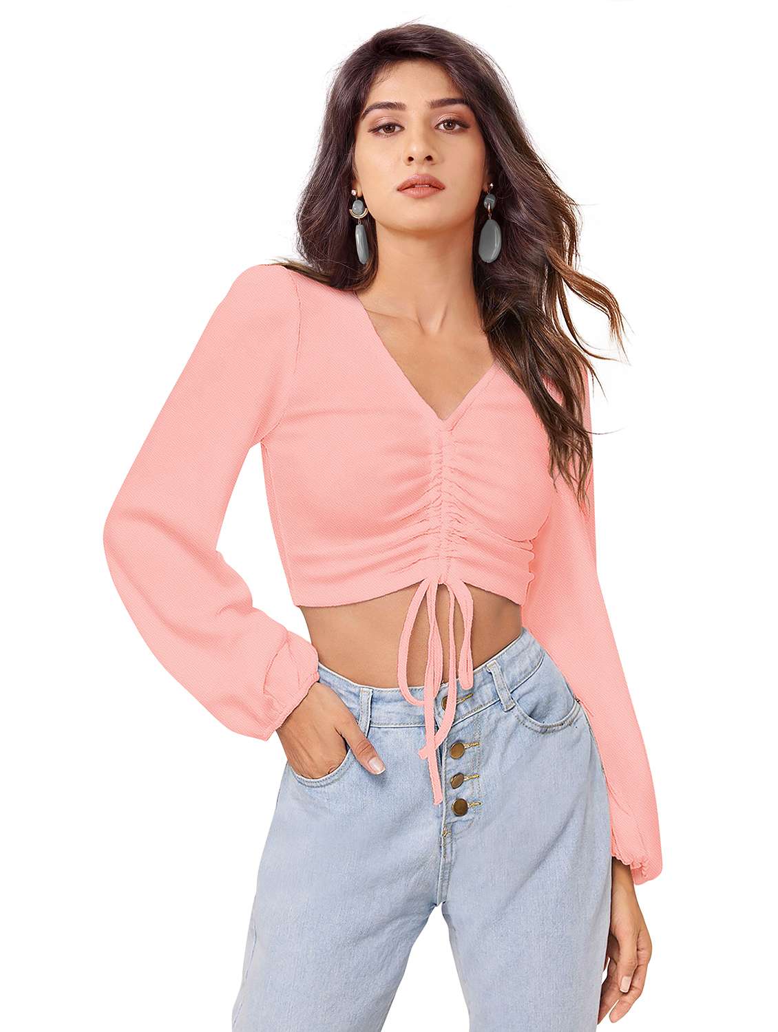 women solid v neck crop top
