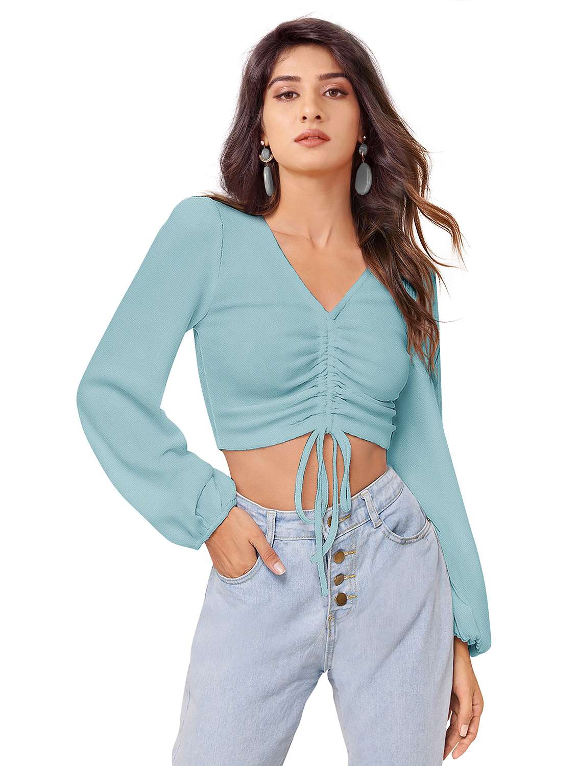 women solid v neck crop top