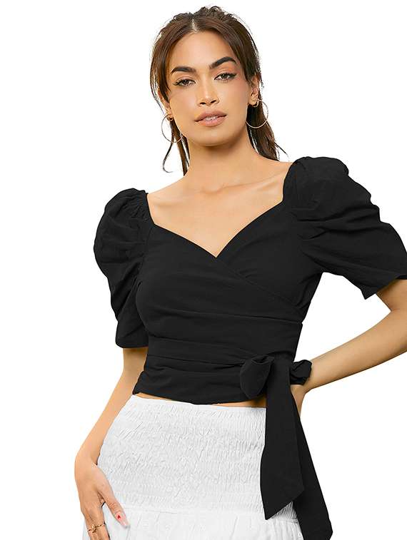 women solid puff sleeve crop top