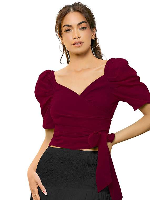 women solid puff sleeve crop top