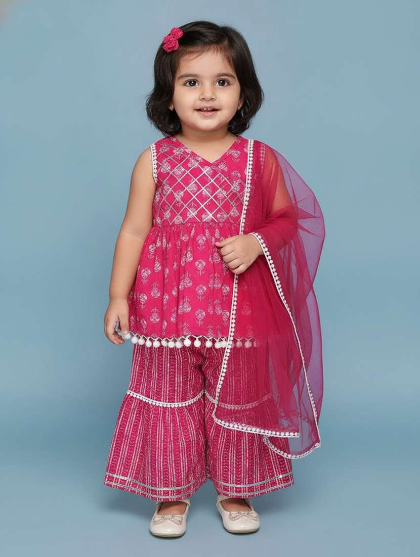 girls printed v neck kurta sharara set
